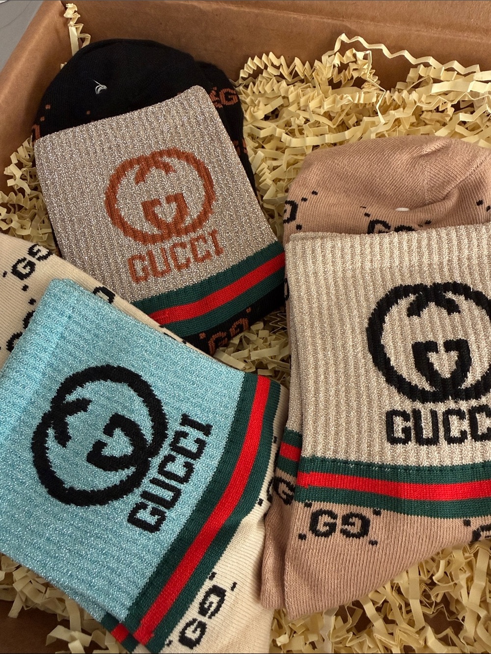 Designer Logo Ribbed Crew Socks in Beige, Tan, Aqua & Black